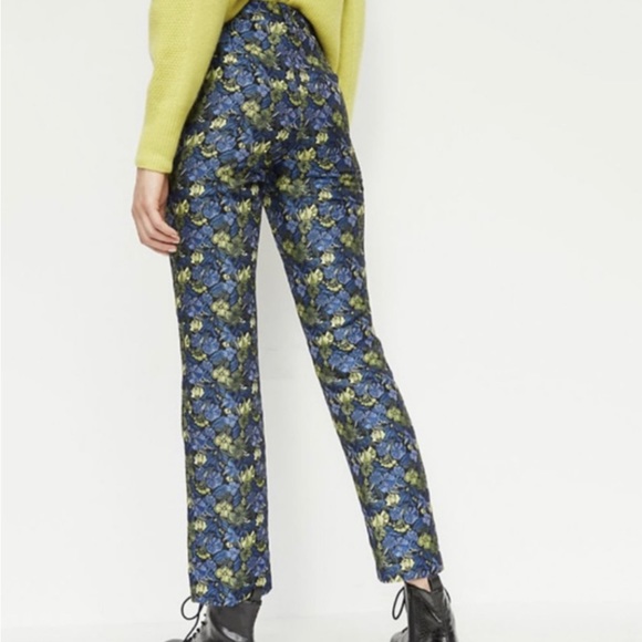 Anthropologie Current Air Bluebell Jacquard Pants Blue Yellow Floral Motif - Picture 4 of 12